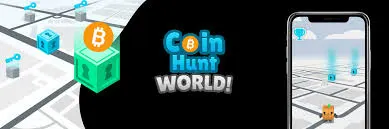 Coin Hunt World promotional banner showing map cubes, a Bitcoin token and the game running on a phone