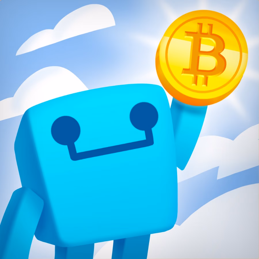 The blue robot mascot of the Coin Hunt World augmented-reality game holding a gold coin