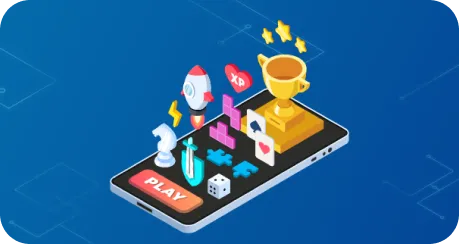 Illustration of a mobile phone with a play button, dice, trophy and reward icons floating above it