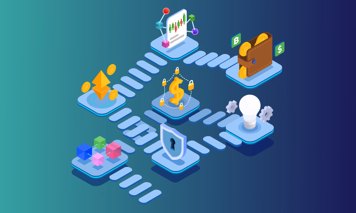 Isometric illustration of connected crypto platforms: charts, a wallet, a locked treasury, a security shield and token blocks